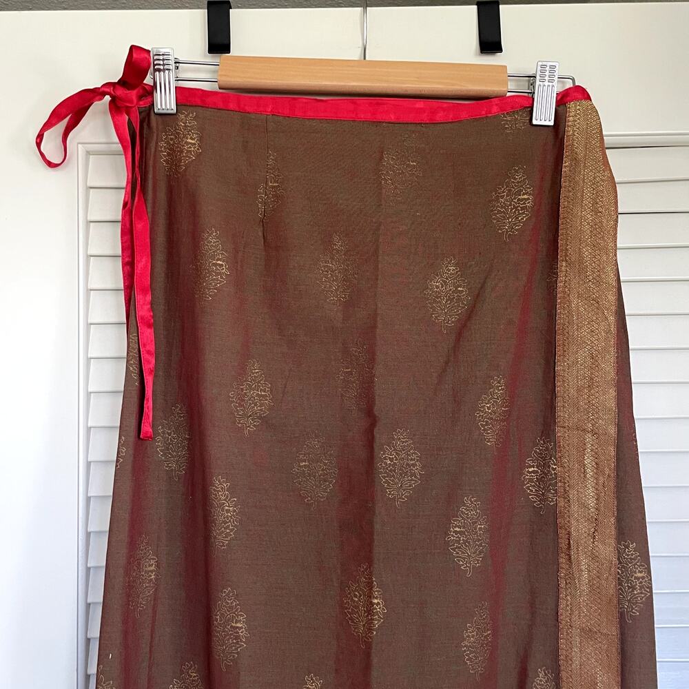 NWT Free People Earthy Gold Metallic Paisley Fringe Hem Cotton Wrap Skirt Medium - Picture 5 of 9
